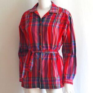 Rodier Paris Casual Red Cotton Belted Plaid Top - France
